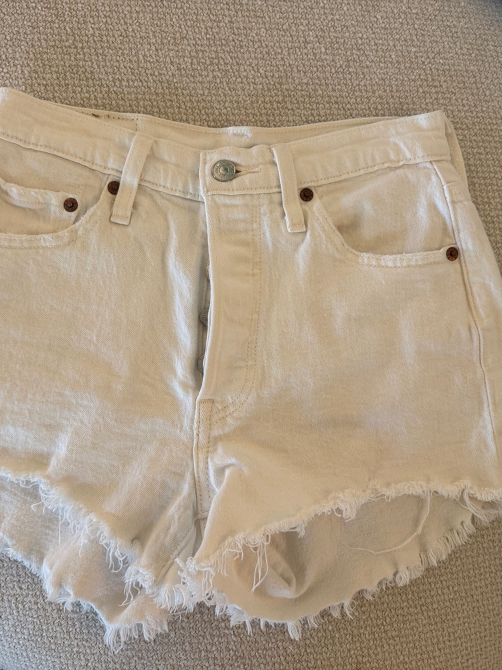 Levi's Off-White Frayed Hem Denim Cutoff Shorts